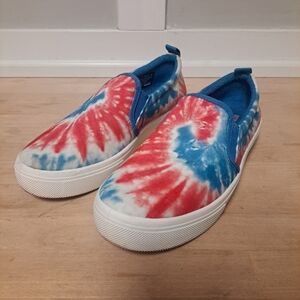 Skechers Memory Foam Slip-On Sneakers | Red Blue Tie Dye | Women’s 8